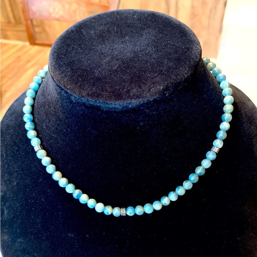 Agate 925 Sterling Stamped Silver Blue Green Necklace Beaded 16 inch - Picture 2 of 6